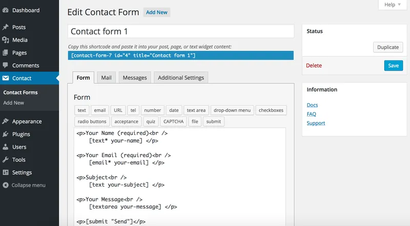 Interface du plugin Contact Form 7