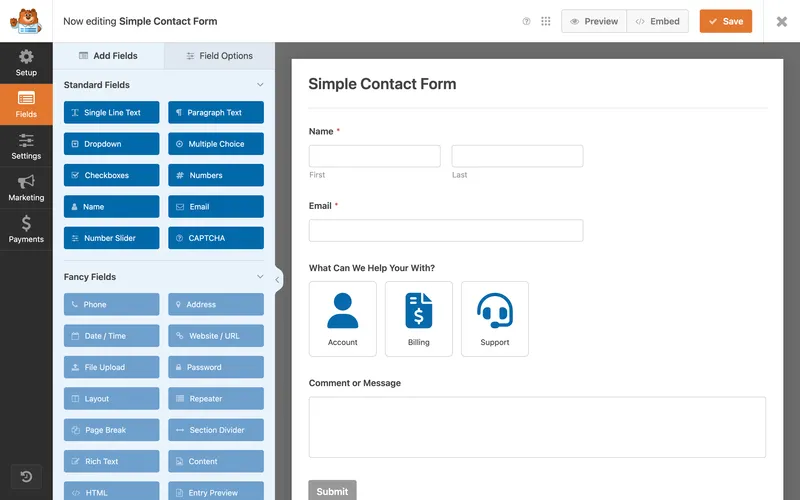 Interface du plugin WPForms
