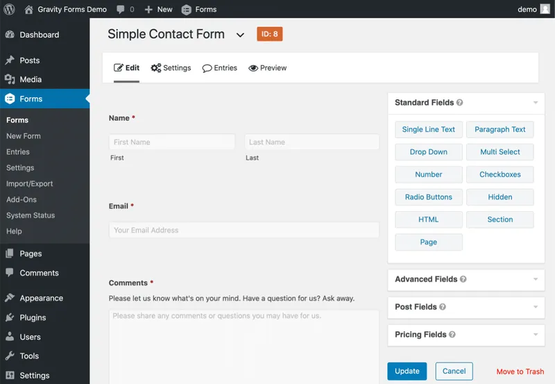 Interface du plugin Gravity Forms