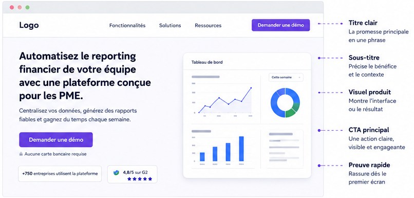 Anatomie d&rsquo;un hero de landing page B2B&nbsp;: titre clair, sous-titre, visuel produit, CTA principal, preuve rapide &middot; graphiste freelance Paris