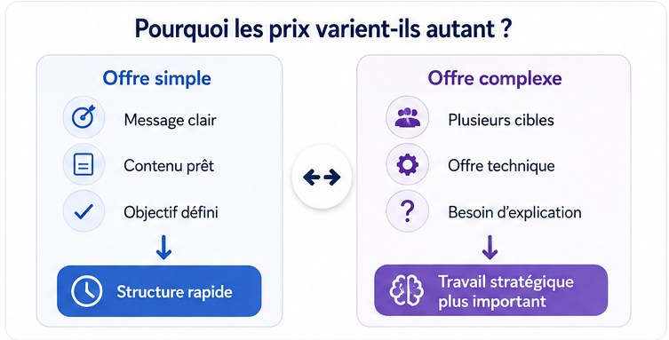 Pourquoi les prix varient-ils autant&nbsp;: offre simple vers structure rapide, offre complexe vers travail strat&eacute;gique plus important &middot; graphiste freelance Paris
