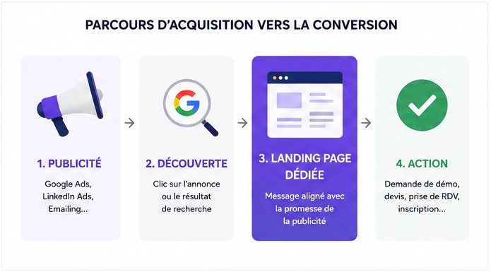Parcours d&rsquo;acquisition vers la conversion&nbsp;: publicit&eacute;, d&eacute;couverte, landing page d&eacute;di&eacute;e, action &middot; graphiste freelance Paris