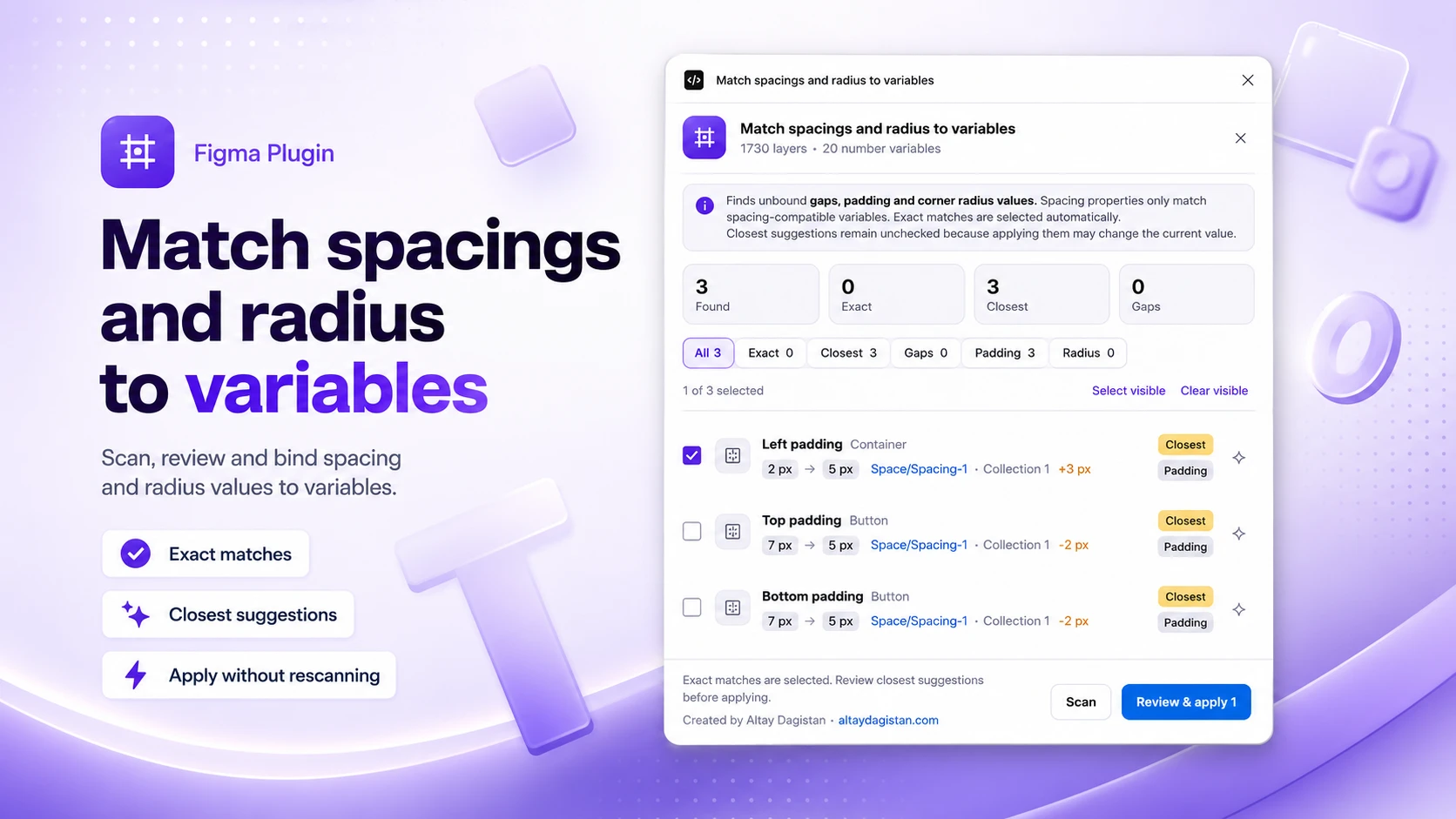 Interface du plugin Figma Match Spacing & Radius to Variables &middot; Altay Dagistan