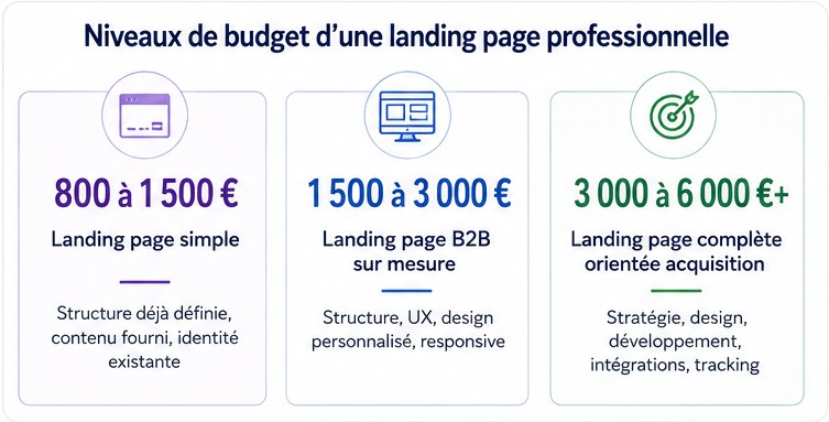 Niveaux de budget d&rsquo;une landing page professionnelle&nbsp;: 800 &agrave; 1500&euro;, 1500 &agrave; 3000&euro;, 3000 &agrave; 6000&euro;+ &middot; graphiste freelance Paris