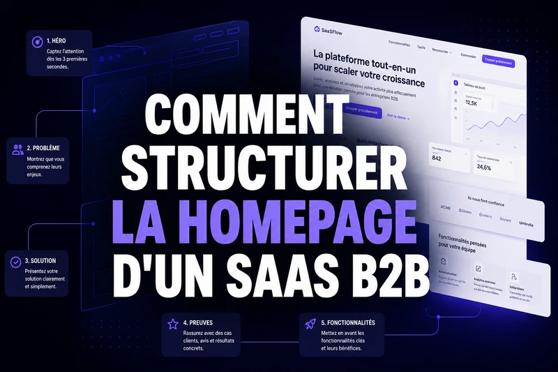 Structure d’une homepage SaaS B2B avec promesse, interface produit, preuves et appel à l’action