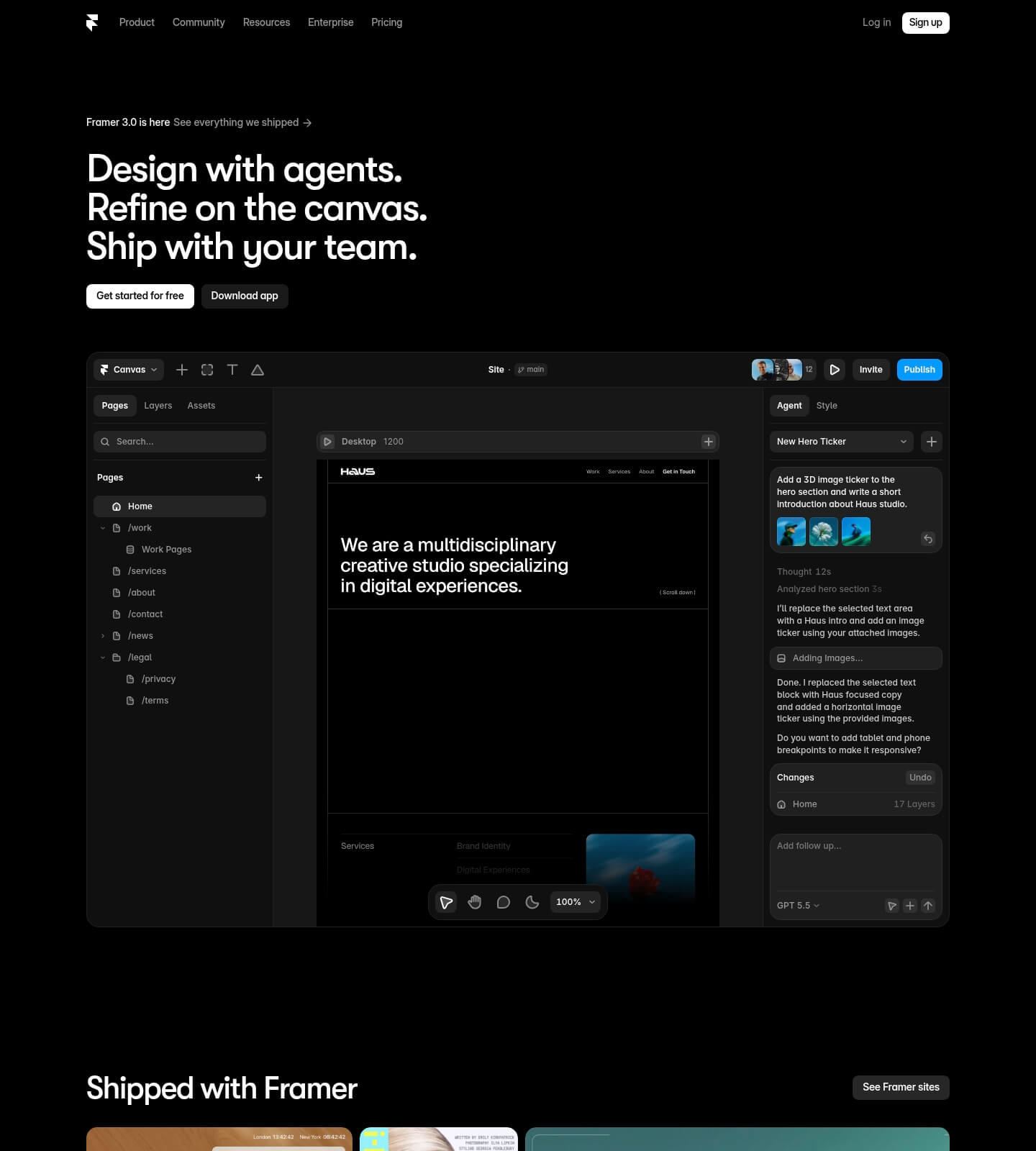 Framer homepage, an example of B2B SaaS homepage structure