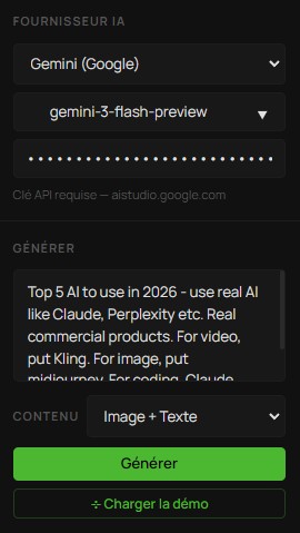 Panneau de s&eacute;lection du fournisseur IA et de saisie du prompt de g&eacute;n&eacute;ration &middot; AD Creative Lab