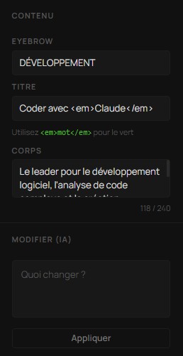 &Eacute;diteur de contenu pilot&eacute; par le sch&eacute;ma de chaque template &middot; AD Creative Lab