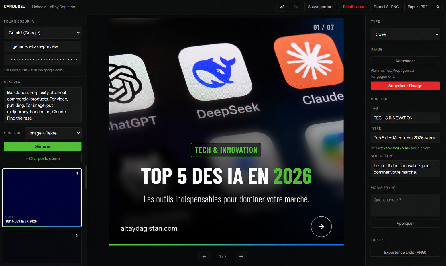 Interface du g&eacute;n&eacute;rateur de carrousels LinkedIn pilot&eacute; par IA, slide de couverture g&eacute;n&eacute;r&eacute;e &middot; AD Creative Lab