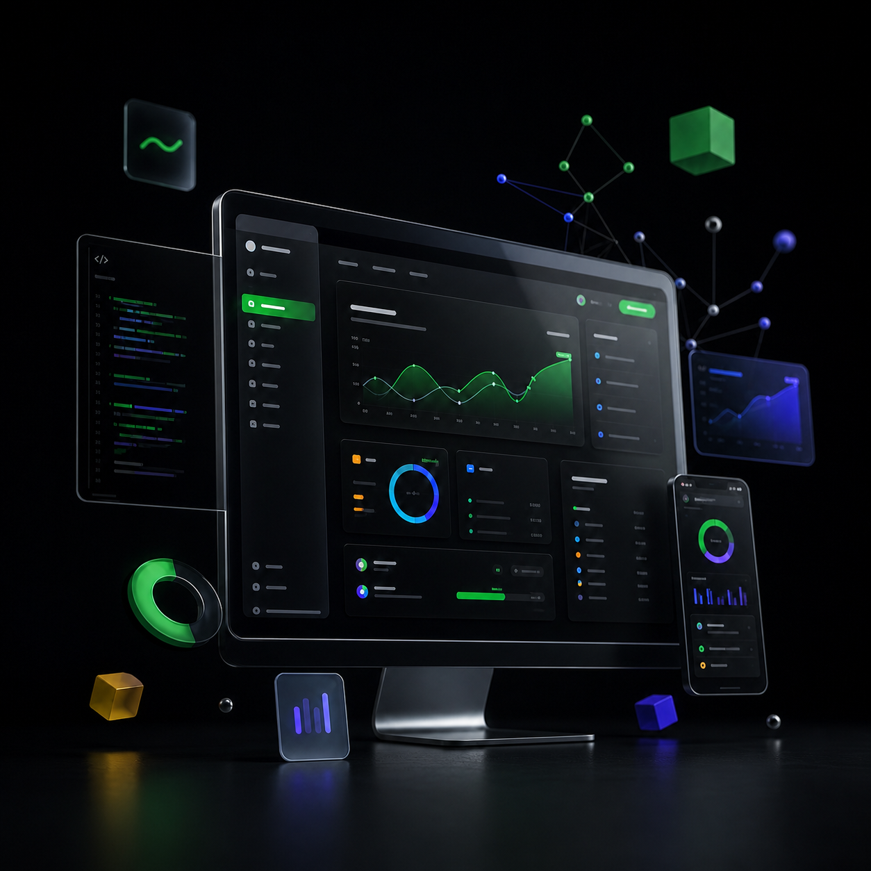 Visualisation réaliste d’une interface SaaS B2B entourée d’éléments de produit et de code
