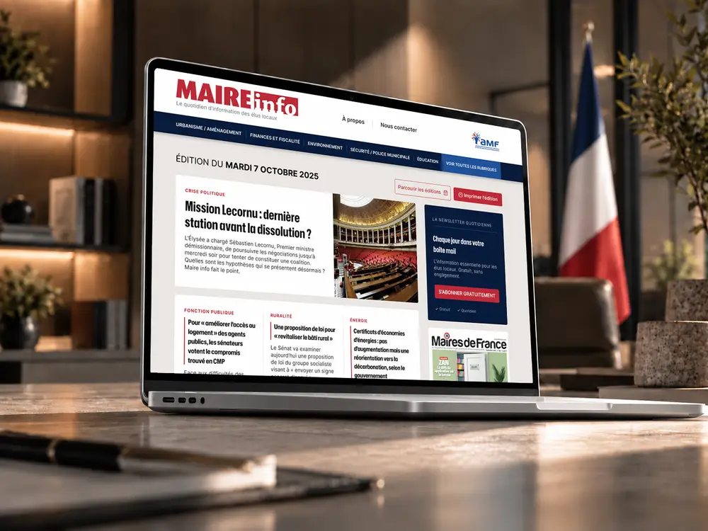Maire info, le quotidien d’information des élus locaux affiché sur un ordinateur portable