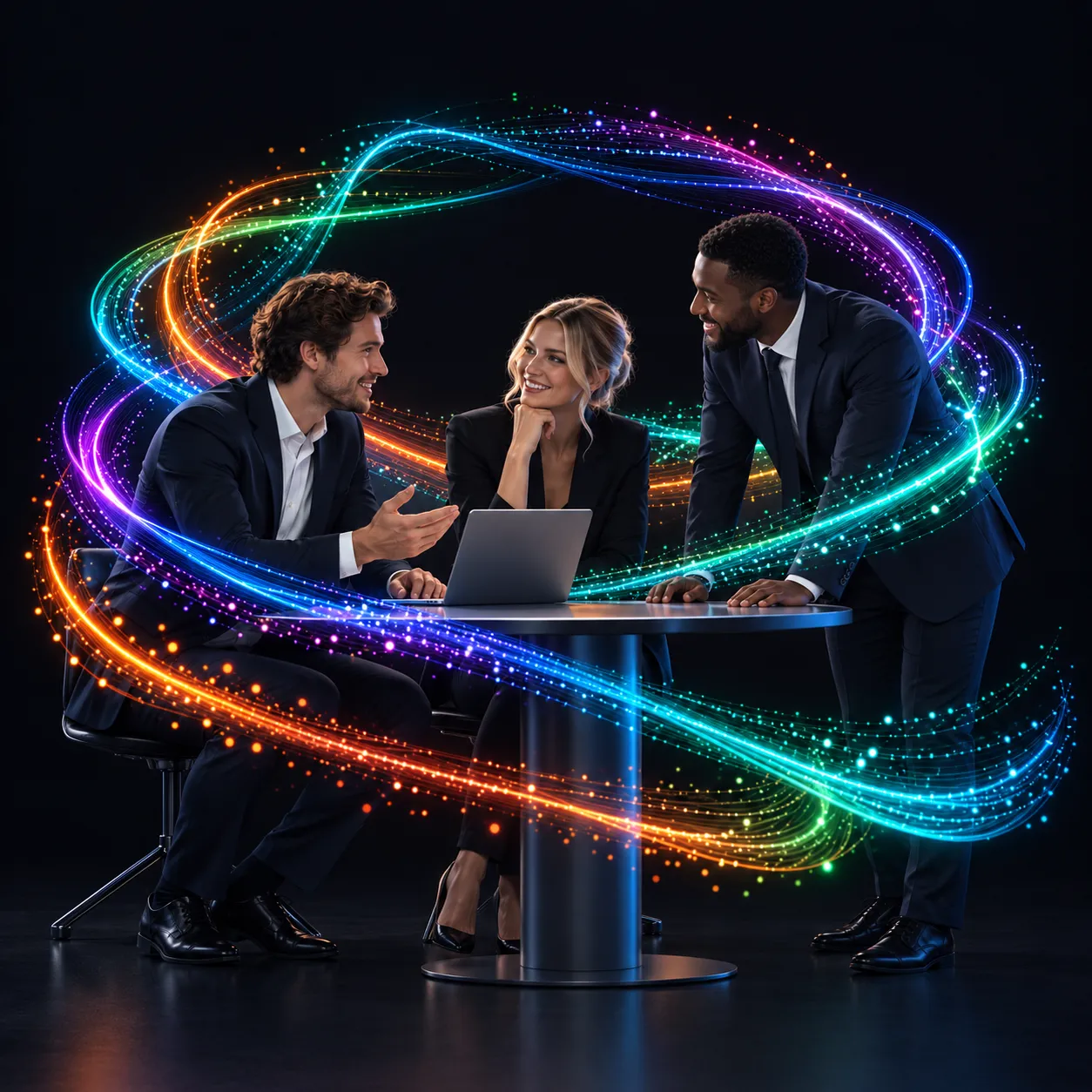 Three B2B professionals collaborating around a computer, framed by coloured light trails.