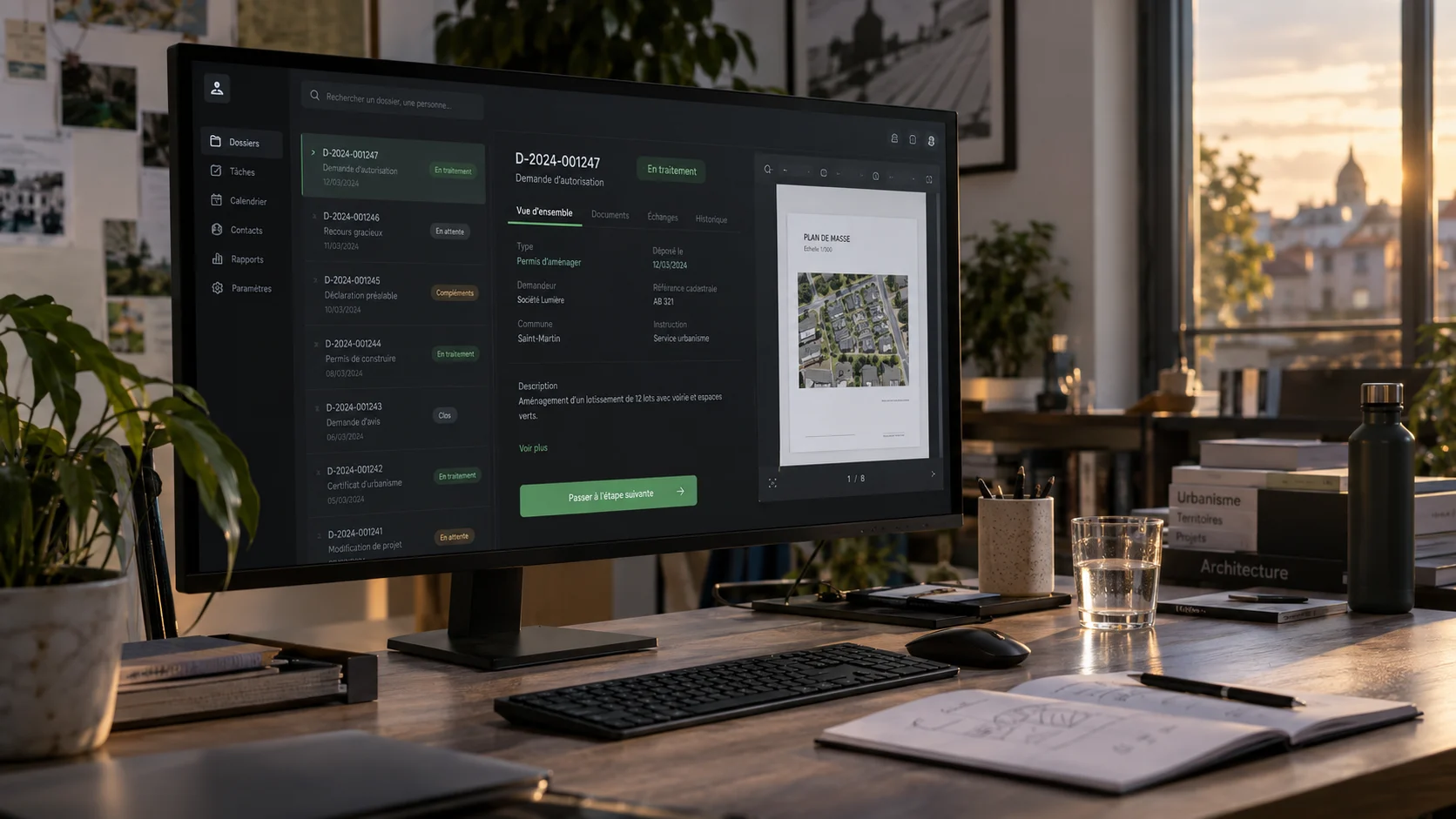 Realistic workstation with case-tracking software displayed on a large screen