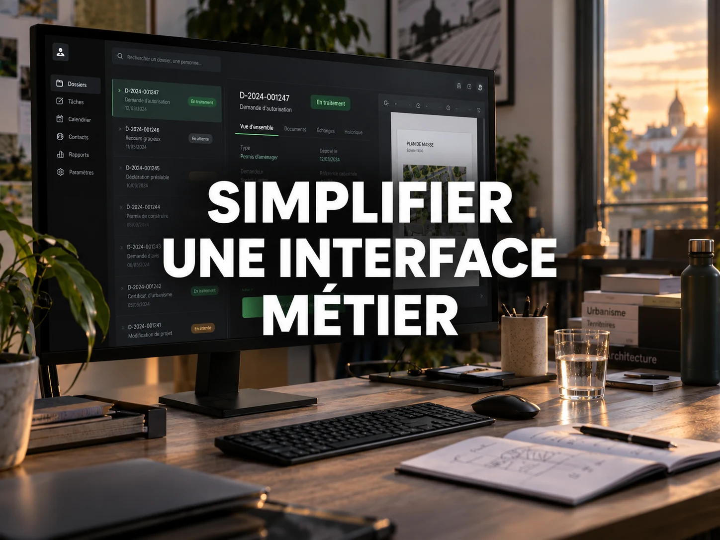 Photographie réaliste d’un poste de travail avec un logiciel de suivi de dossiers et le titre « Simplifier une interface métier ».
