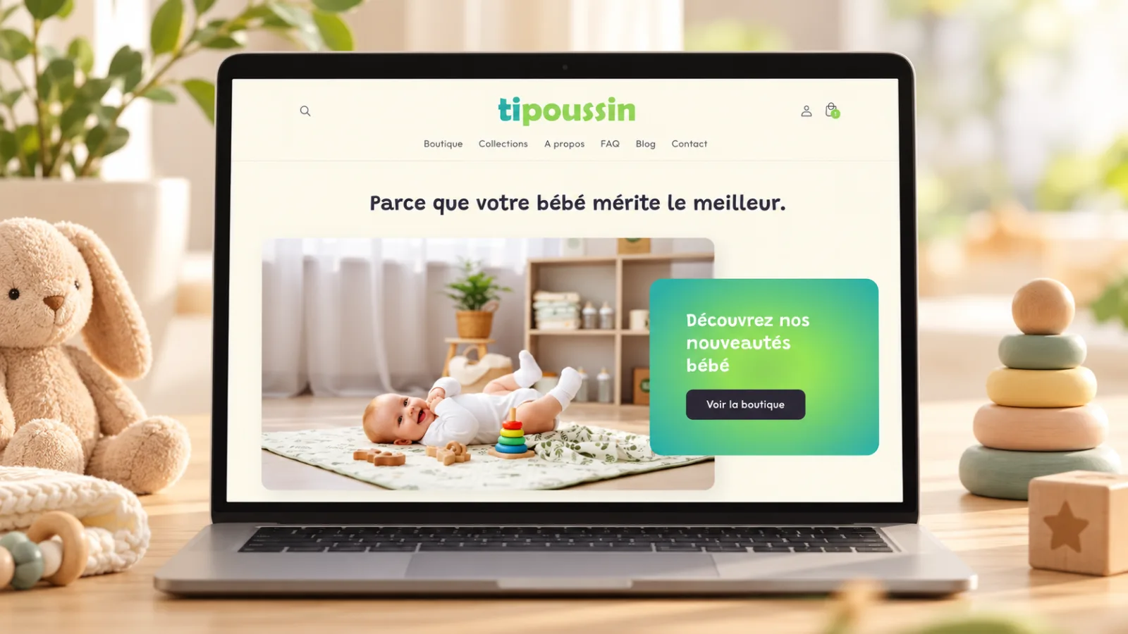 Page d’accueil TiPoussin sur ordinateur avec une photo de bébé et un accès à la boutique