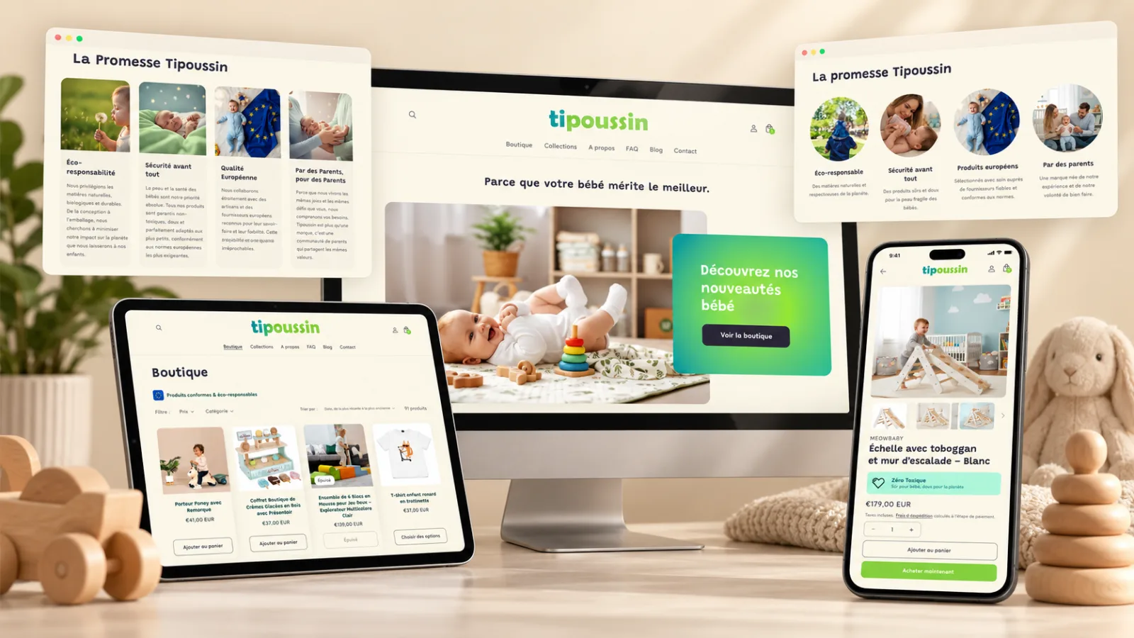 Site e-commerce TiPoussin présenté sur ordinateur, tablette et mobile