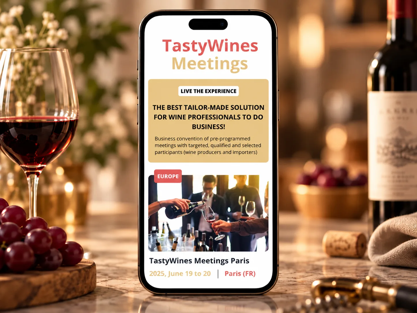Page TastyWines Meetings sur téléphone avec la présentation du concept et la carte de l’événement de Paris