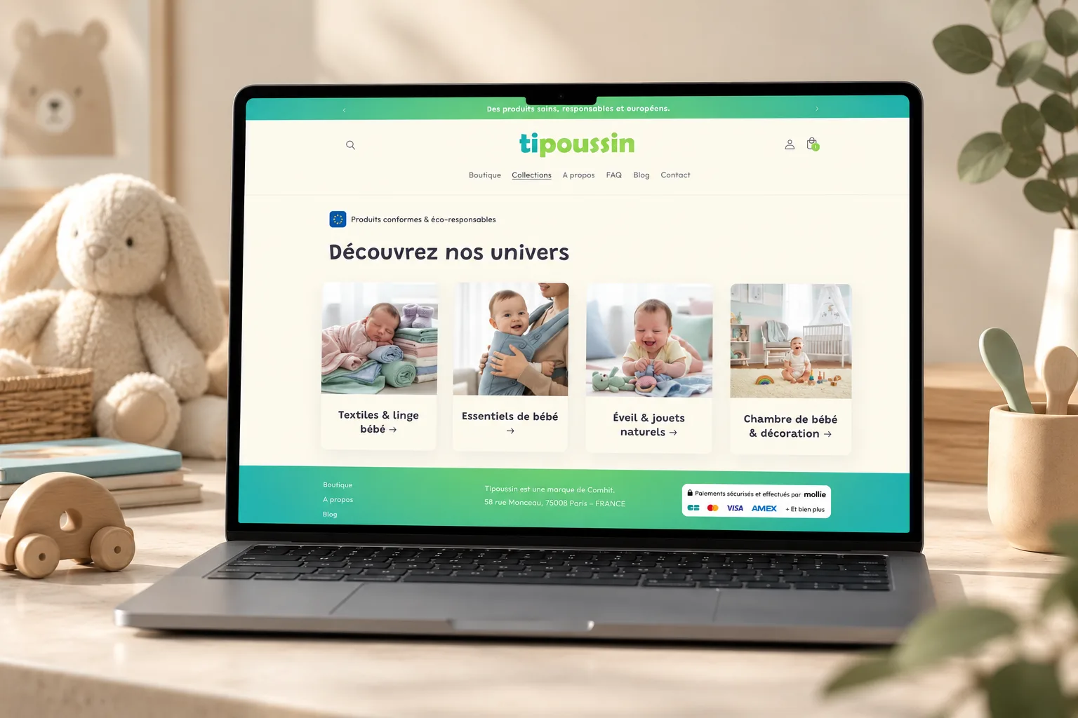 Page des collections TiPoussin avec quatre catégories de produits pour bébé