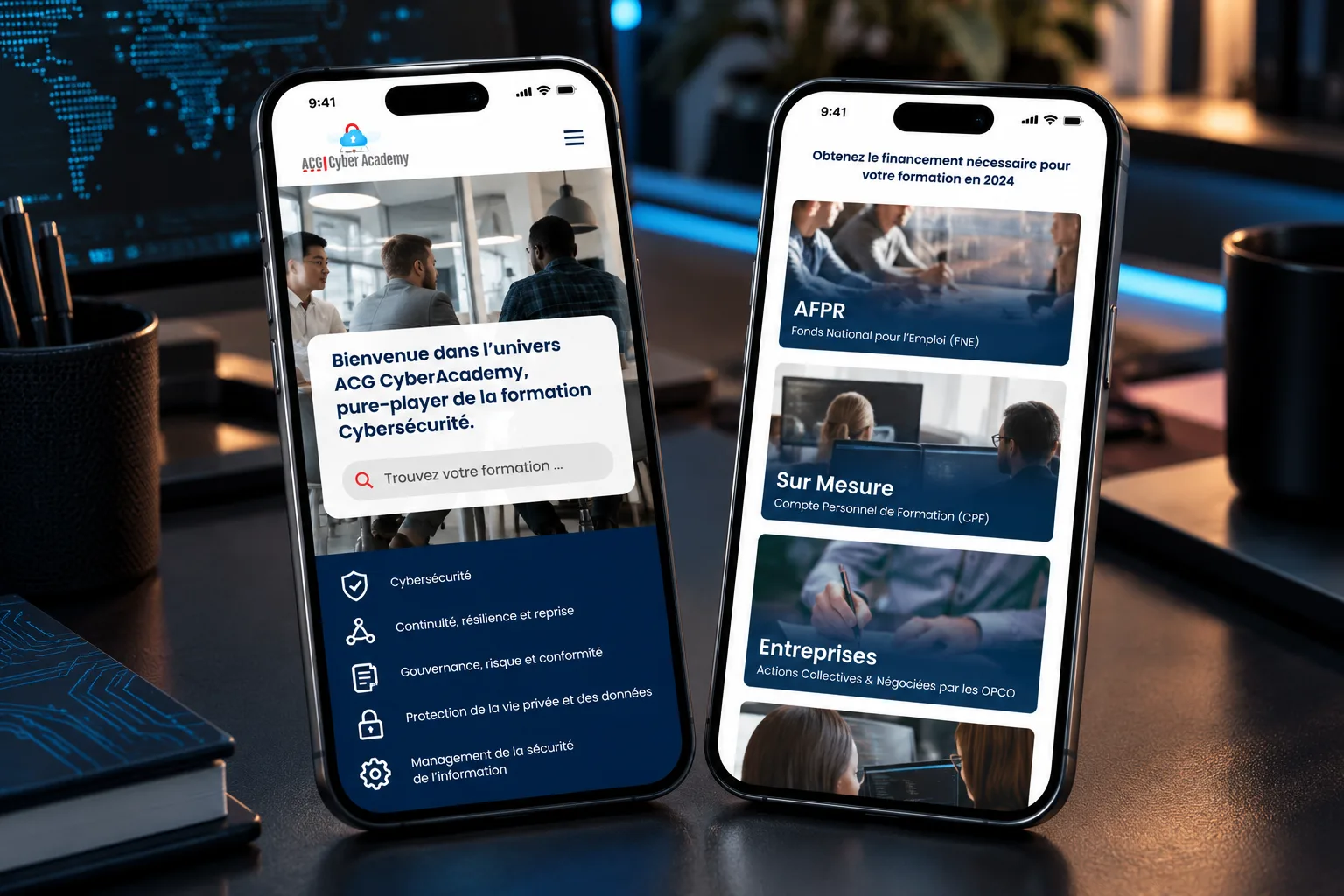 Site ACG Cyber Academy sur deux téléphones : accueil et options de financement