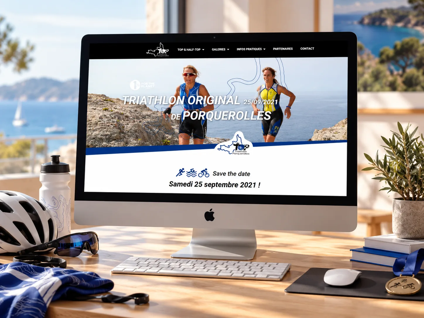 Triathlon Original de Porquerolles homepage on a desktop screen with two participants by the sea