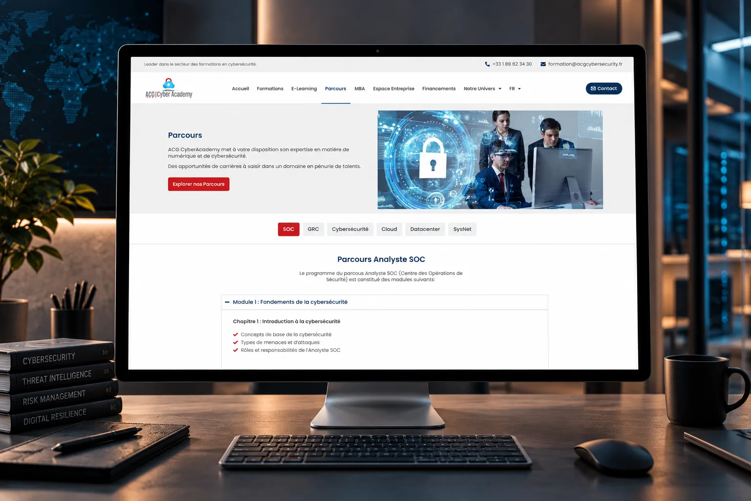 Page des parcours ACG Cyber Academy présentant le programme Analyste SOC