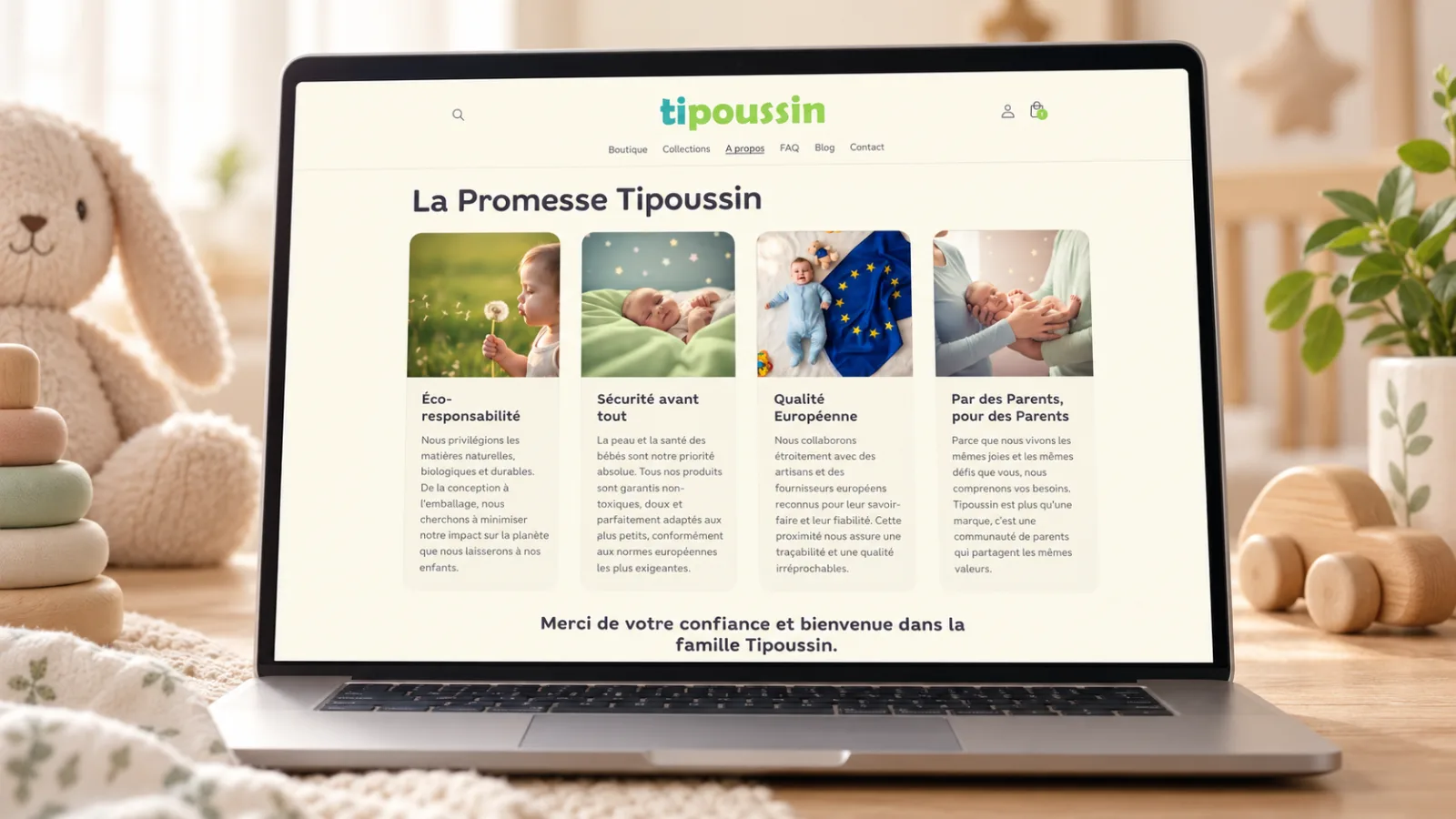 Page À propos TiPoussin présentant quatre engagements sous forme de cartes illustrées