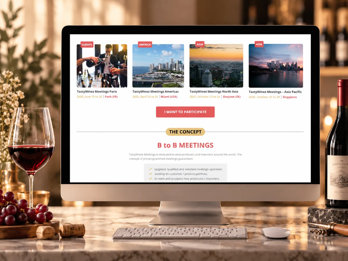 Site TastyWines Meetings sur ordinateur avec des cartes d’événements et une présentation du concept B2B