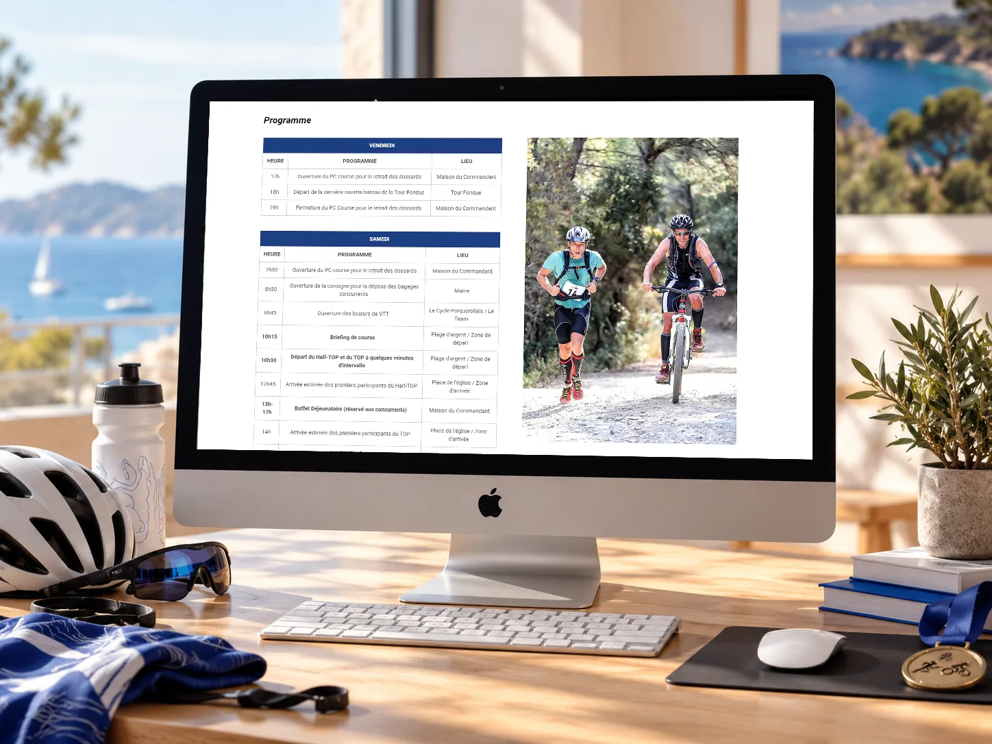 Triathlon Original de Porquerolles schedule with timetable tables and a photo of bike-and-run participants