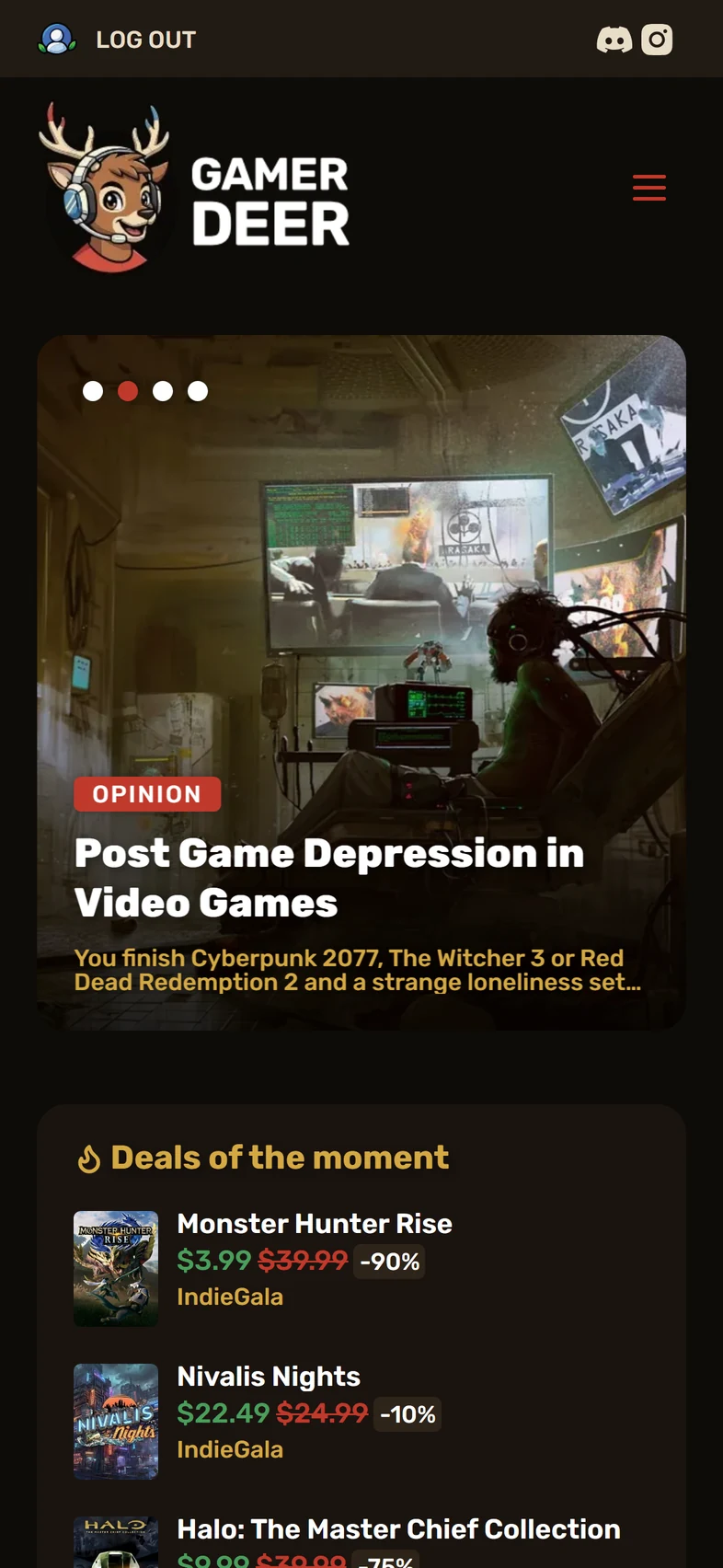 Gamer Deer mobile homepage