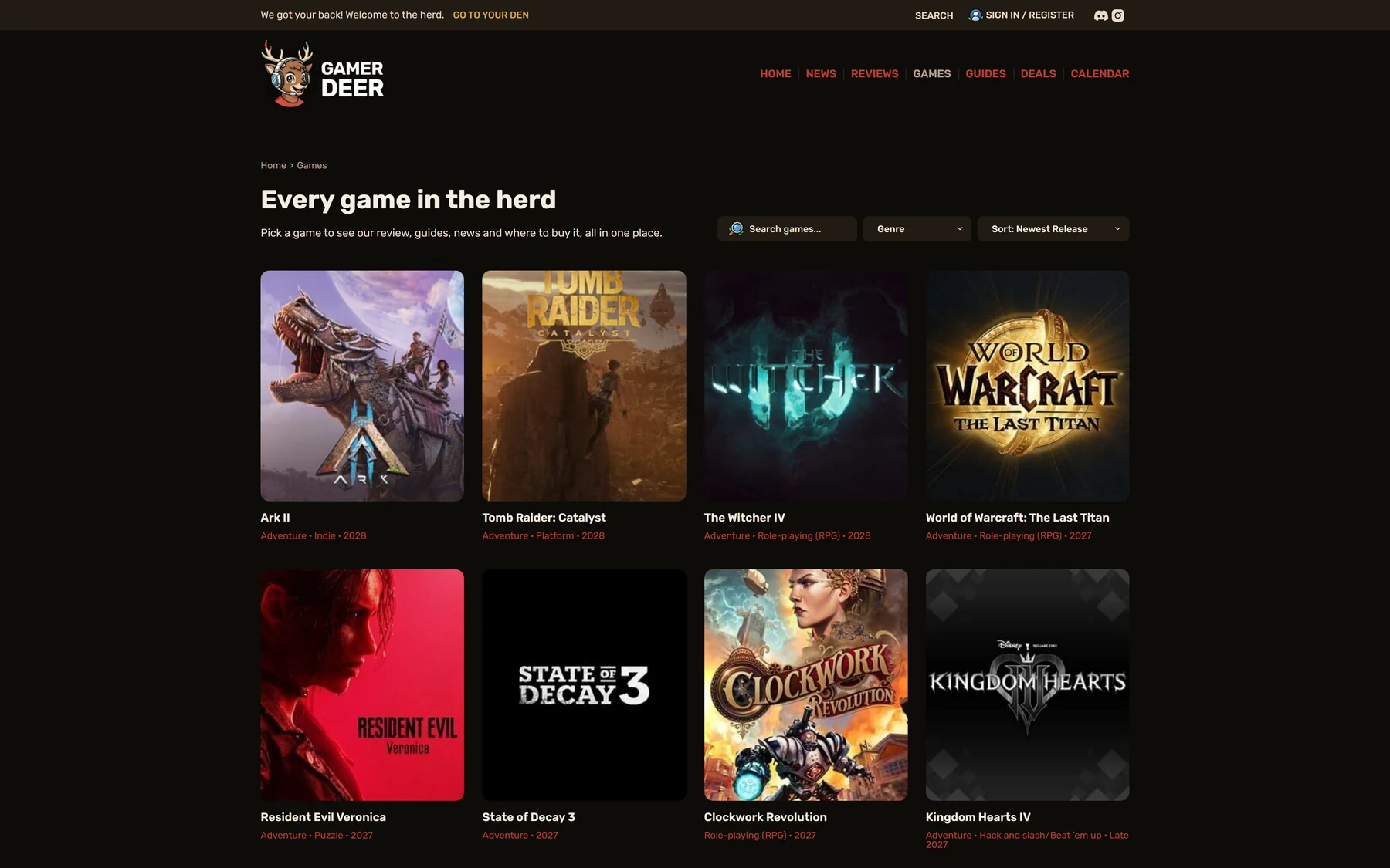 Game catalogue on the Gamer Deer platform