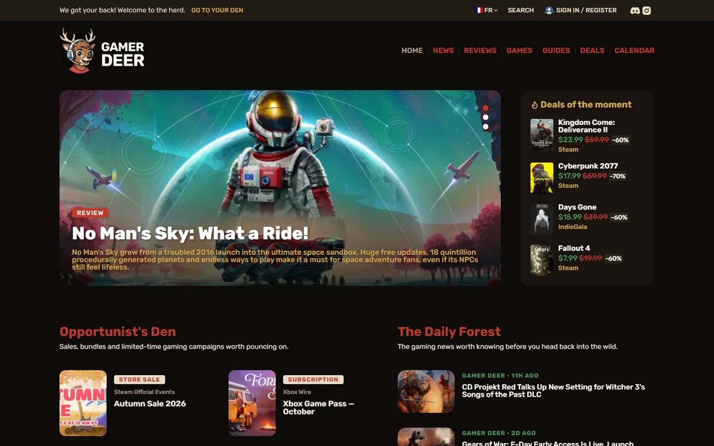 Page d’accueil de Gamer Deer, média gaming avec actualités, tests et bons plans