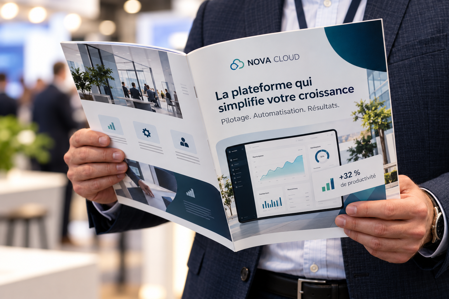 Modern SaaS sales brochure held open by a professional at a trade show, with blurred exhibition stands in the background.