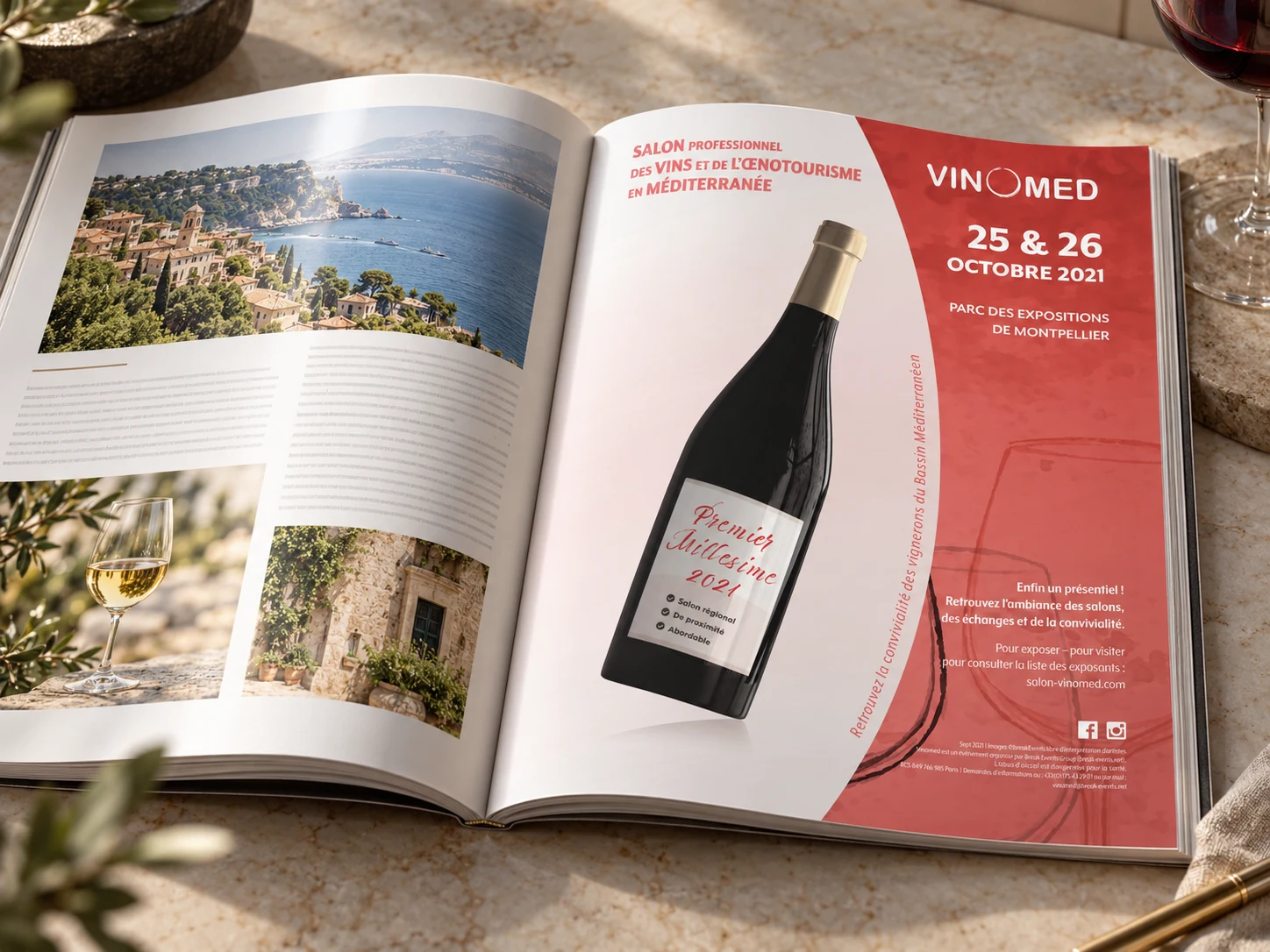 Full-page Vinomed advertisement in an open magazine featuring the Mediterranean