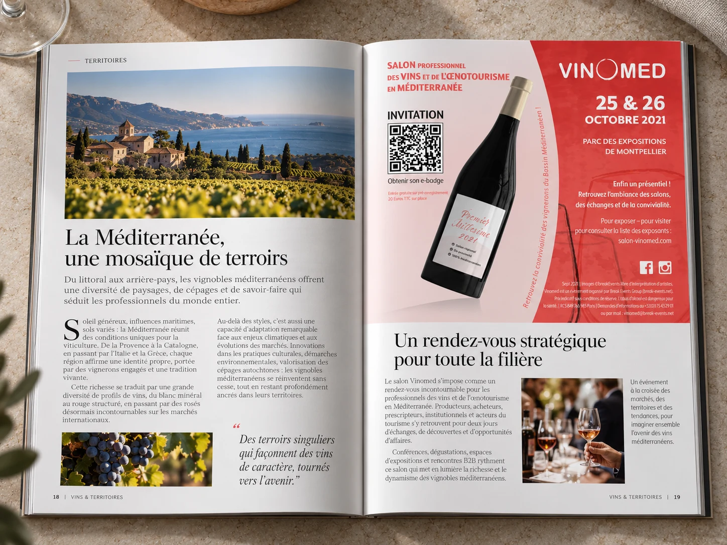 Vinomed advertisement alongside an article about Mediterranean vineyards in a magazine