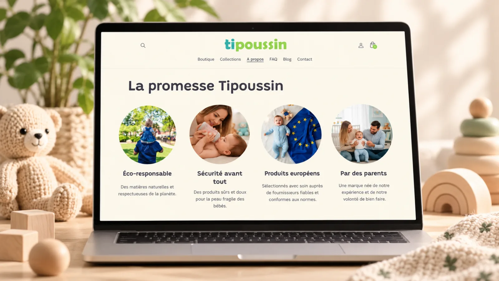 Page À propos TiPoussin présentant quatre engagements avec des images rondes