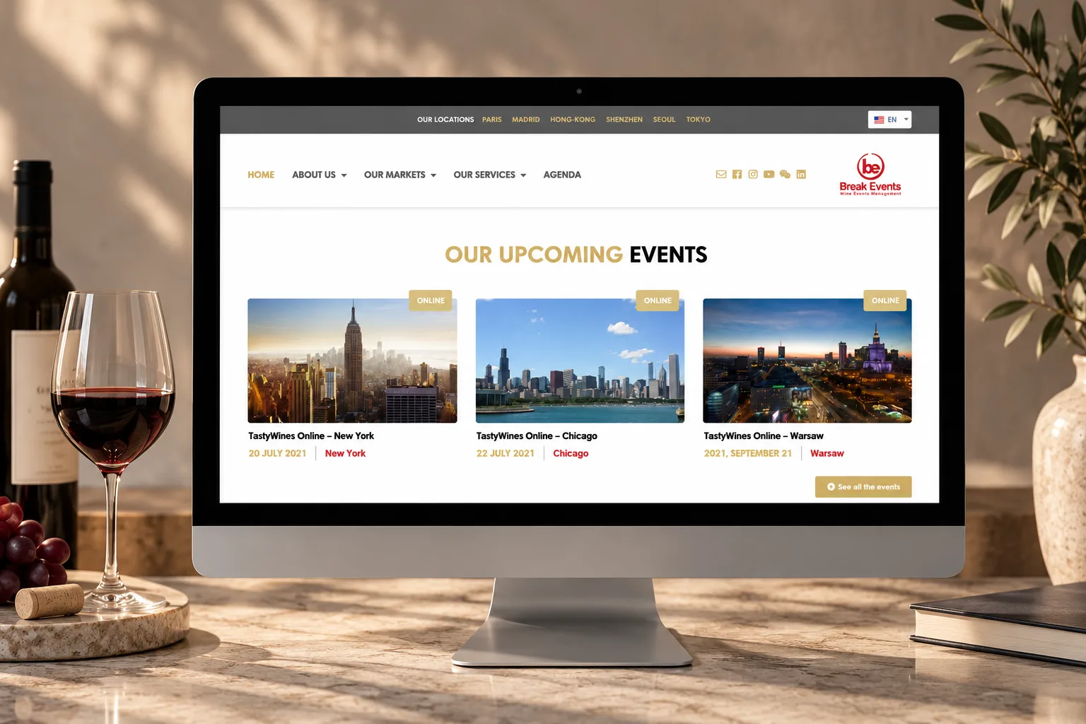 Site Break Events sur ordinateur avec trois événements à venir