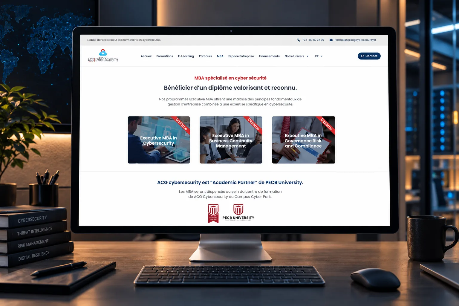 Page MBA ACG Cyber Academy sur ordinateur avec trois programmes de formation