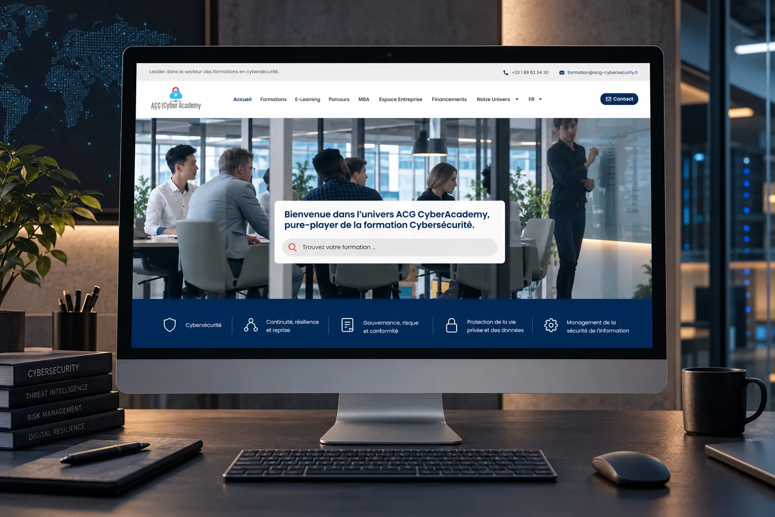 Page d’accueil ACG Cyber Academy sur ordinateur avec recherche de formations en cybersécurité