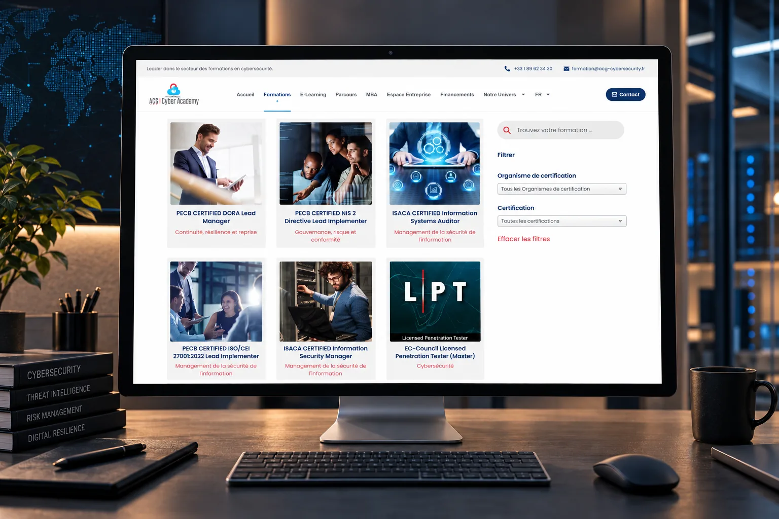 Catalogue des formations ACG Cyber Academy sur ordinateur avec une grille de cours et des filtres