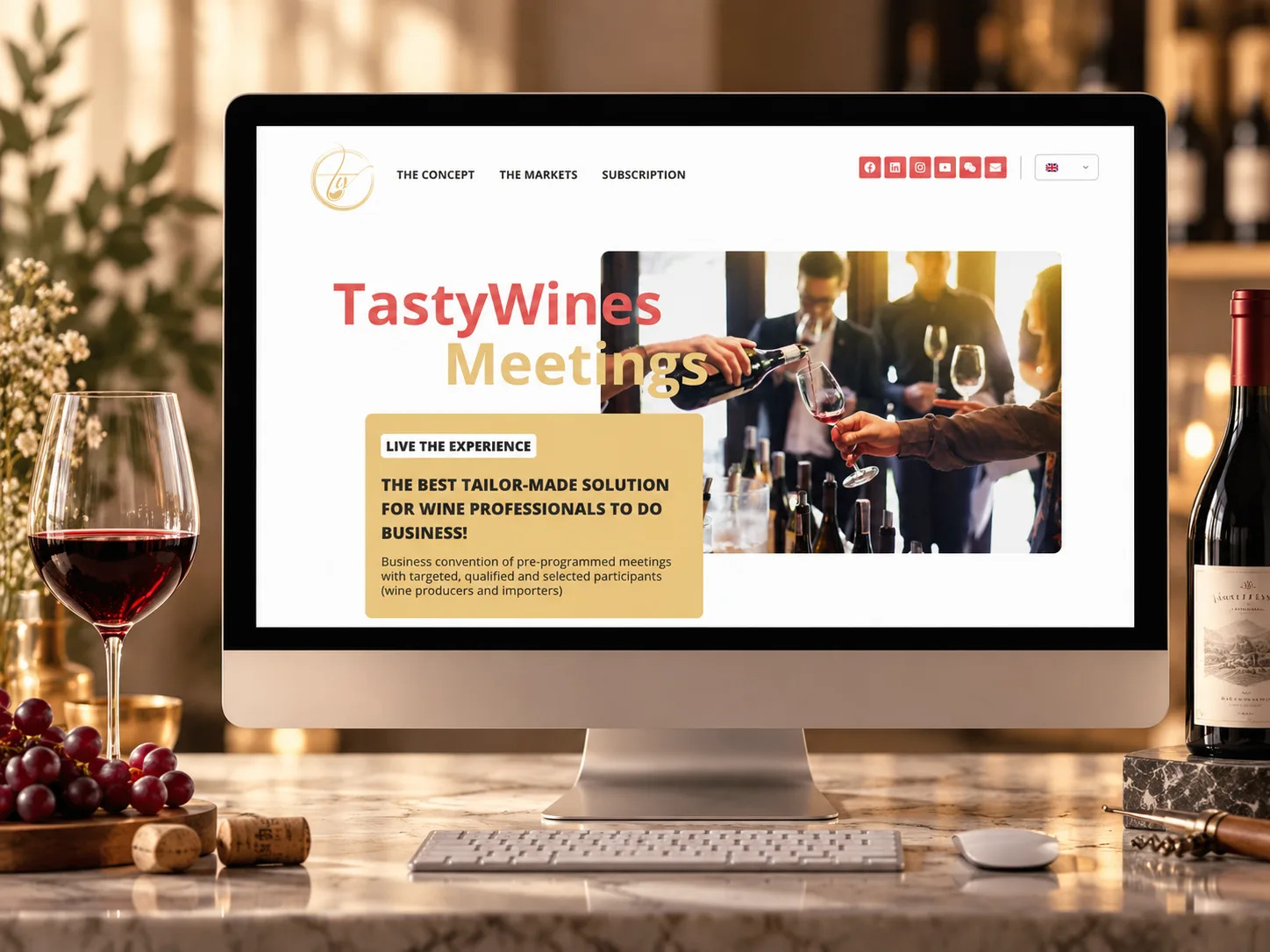 Page d’accueil TastyWines Meetings sur ordinateur avec une scène de dégustation de vin