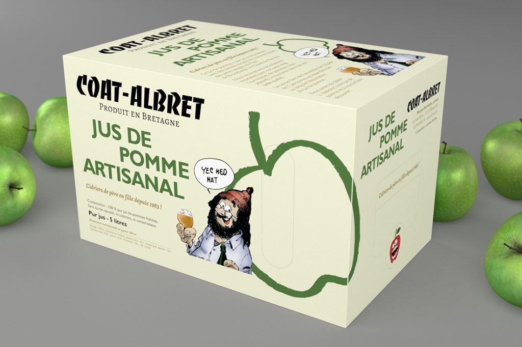 Packaging cubi jus de pomme artisanal Coat-Albret, design graphique, graphiste freelance Paris