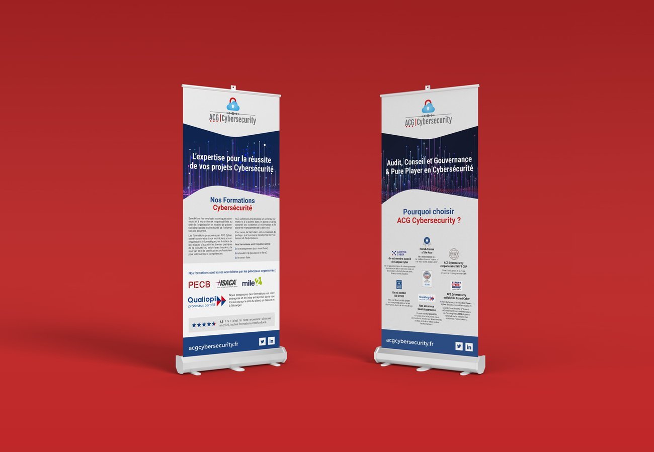 Bannière roll-up exposition ACG Cybersecurity · graphiste print Paris