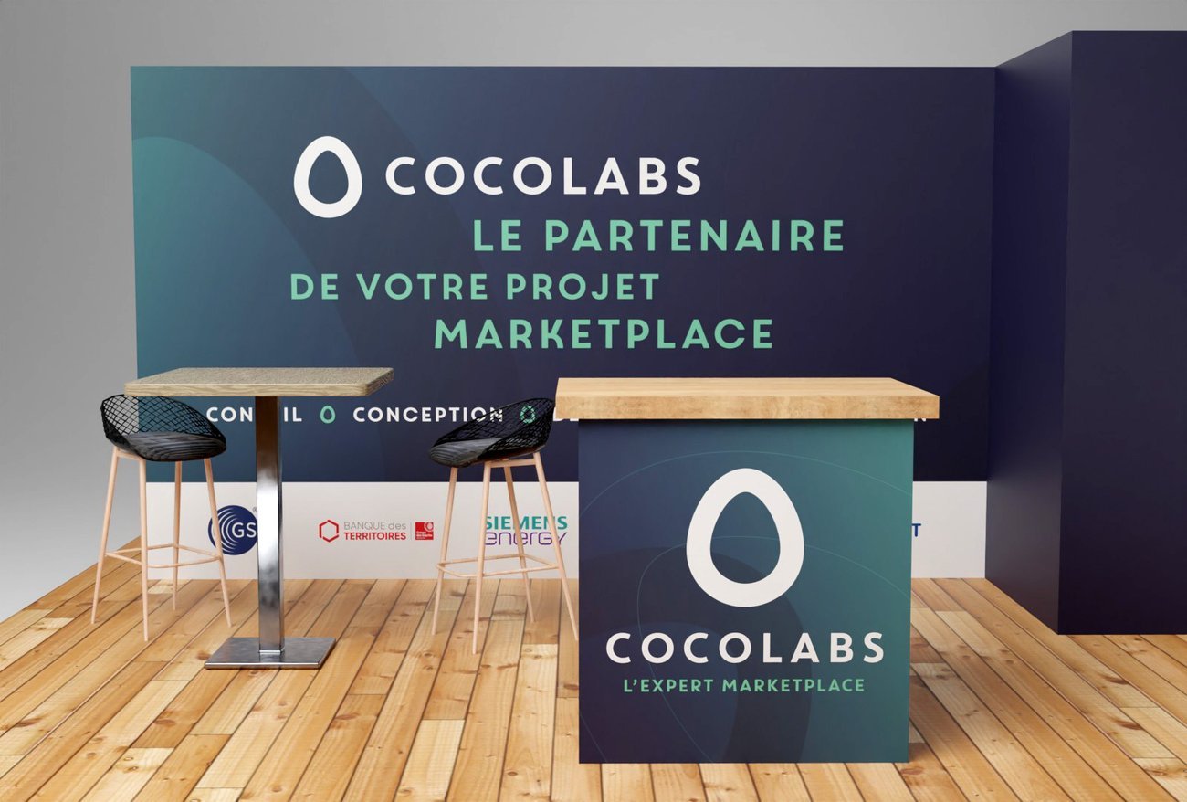 Comptoir de stand Cocolabs Tech for Retail — création graphique