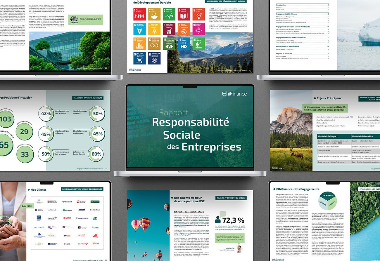 Rapport RSE EthiFinance · mise en page graphiste Paris