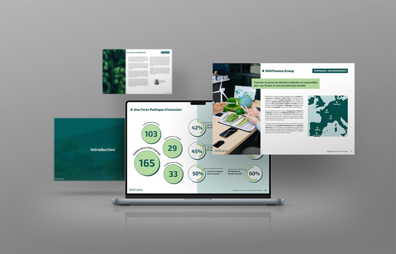 Mise en page rapport de durabilité — graphiste freelance Paris
