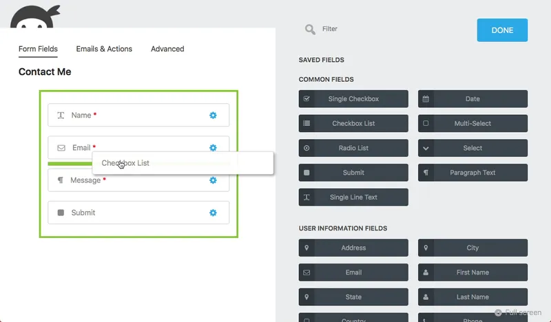 Interface du plugin Ninja Forms