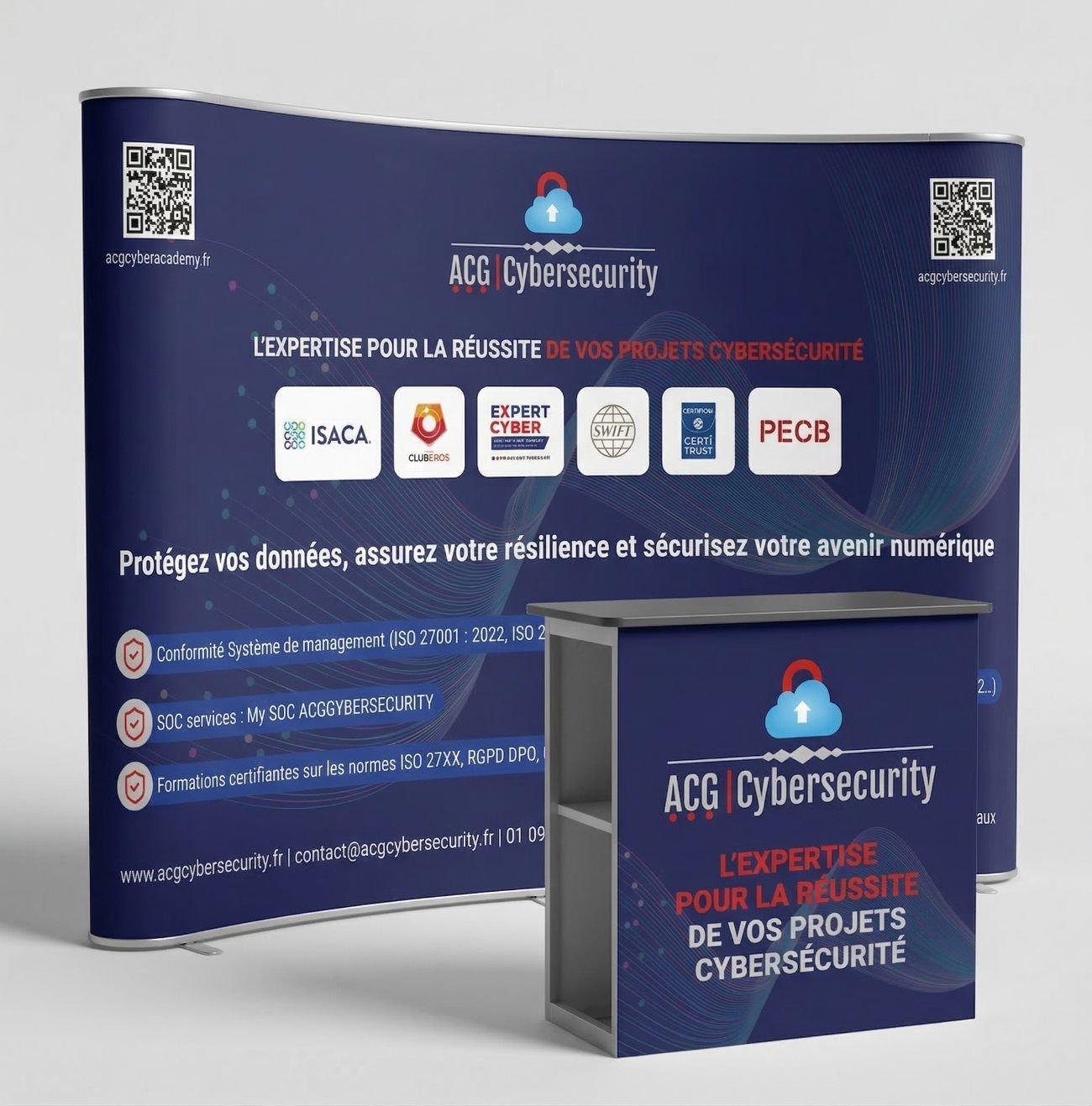 Stand cybersécurité — kit visuel complet kakémono et supports salon B2B