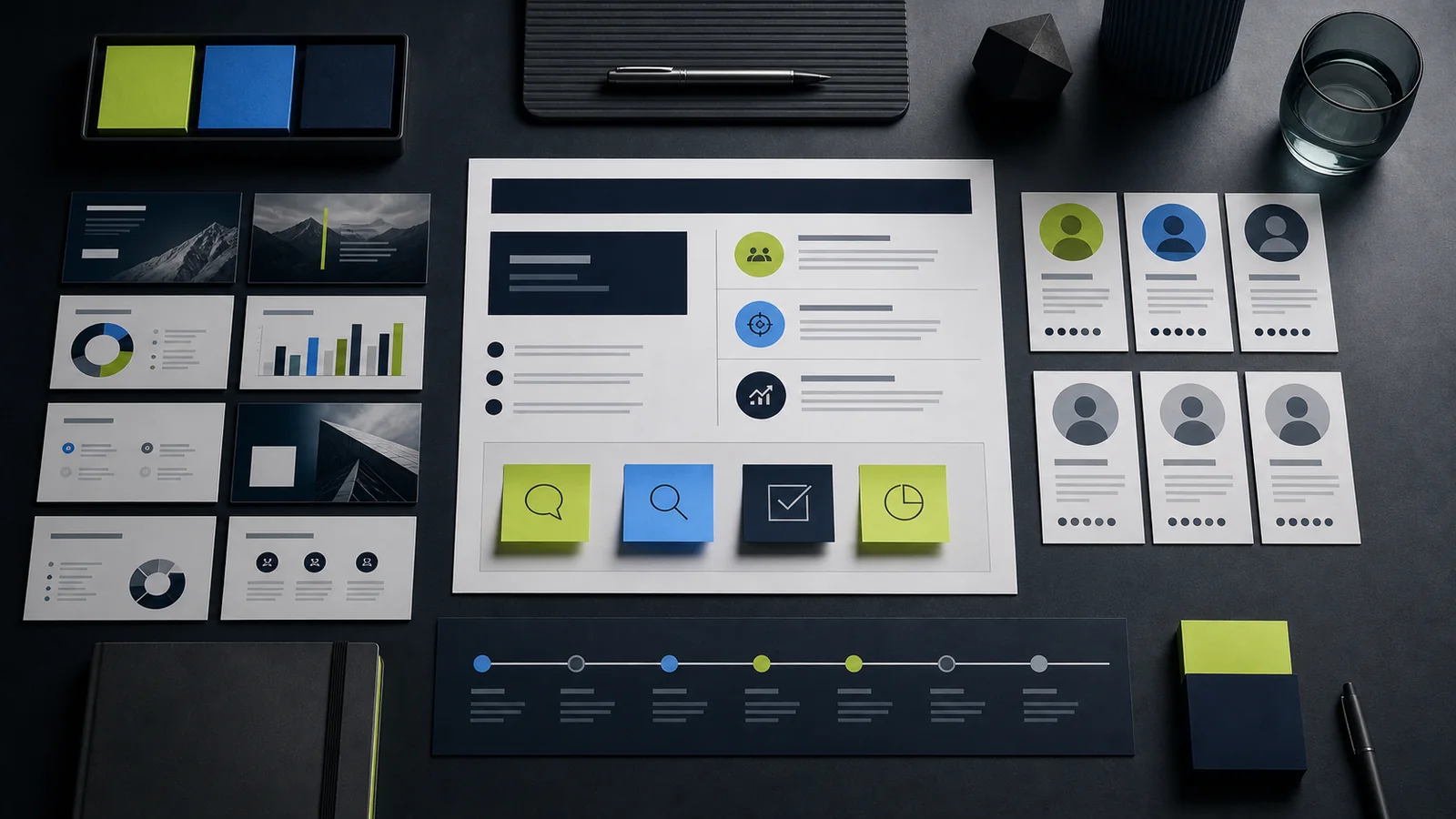 Scoping table for a B2B presentation with brief, audience profiles, schedule and slide thumbnails