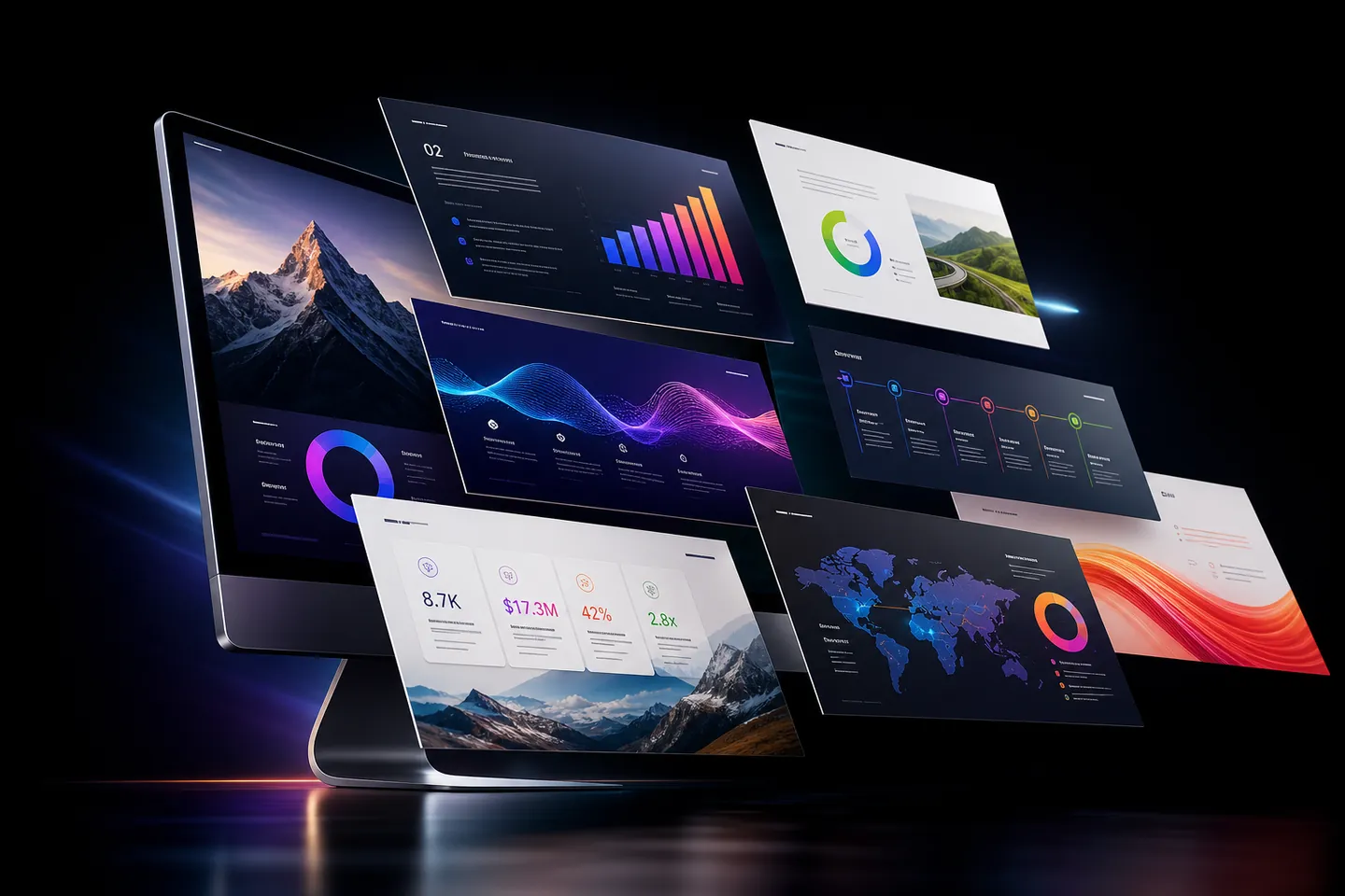 Colorful pitch decks emerging from a modern computer screen with charts and B2B presentations